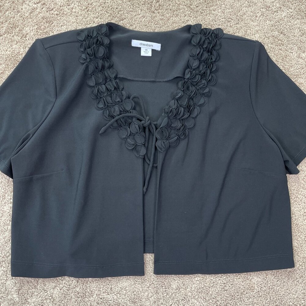Dressbarn Cardigan Womens 14 Black Cropped Tie Front Stretch Ruffle Bolero Retro